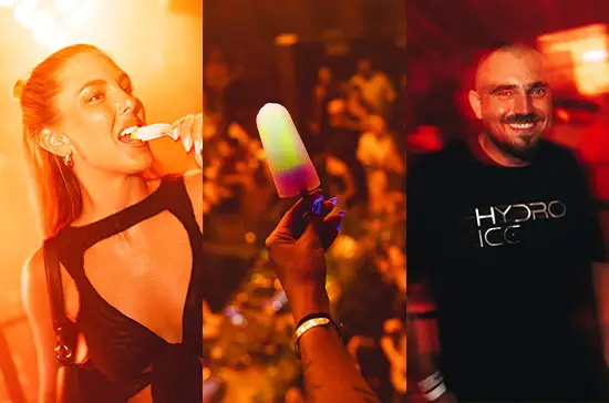 Hydro:ICE brand activation triptych showing ice pop sampling at Ibiza nightclubs